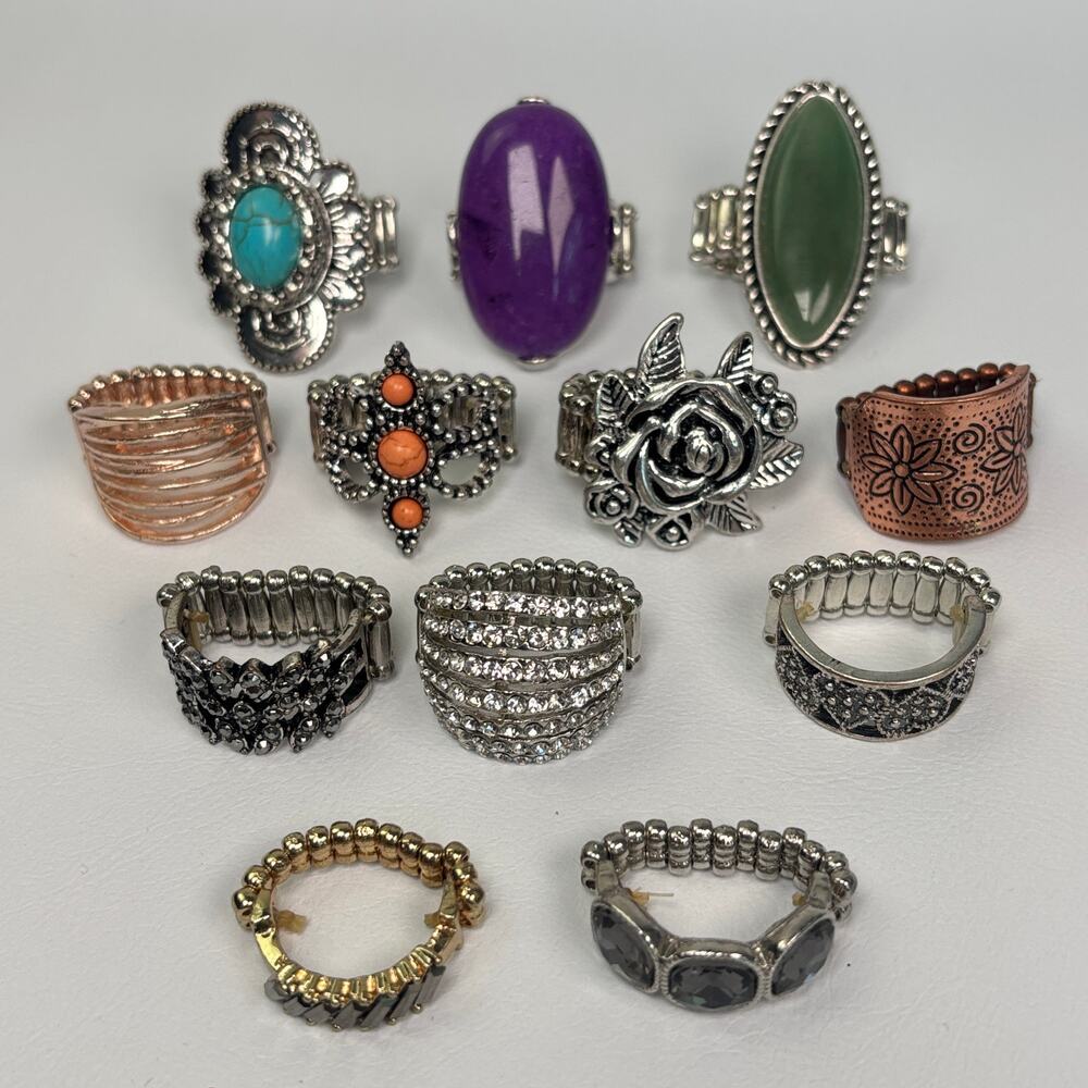 Lot of 12 Stretch Band Costume Fashion Rings, statement stone floral rhinestone